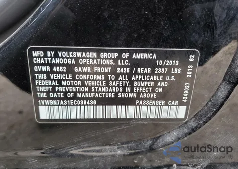 2014 Volkswagen Passat Se из США, поврежденный, VIN 1VWBN7A31EC039436